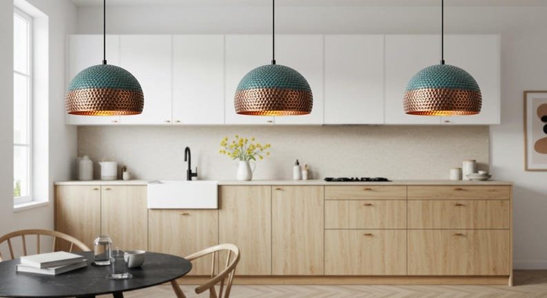 Handmade Oxidized Copper Dome Pendant Light: Rustic Green Patina Handmade Oxidized Copper Dome Pendant Light: Rustic Green Patina