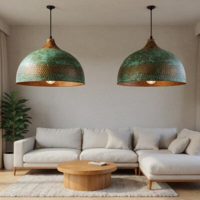 Handmade Hammered Copper Dome Pendant Light: Rustic Green Patina