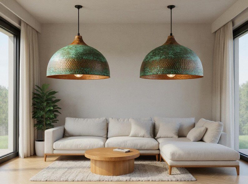 Handmade Hammered Copper Dome Pendant Light: Rustic Green Patina