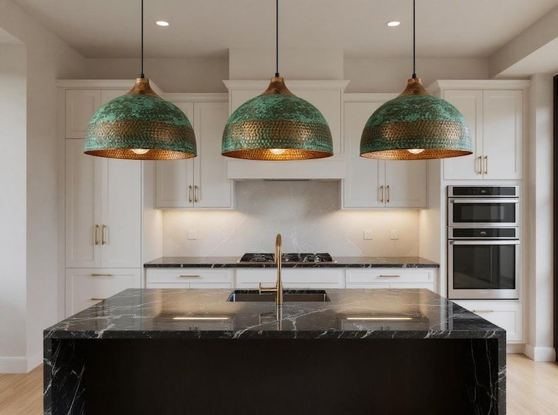 Handmade Hammered Copper Dome Pendant Light: Rustic Green Patina