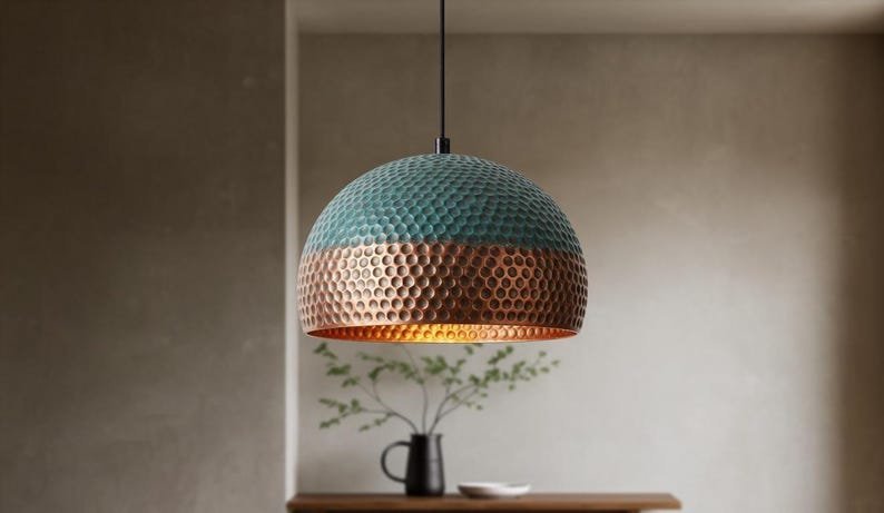 products-RusticGreenPatina4 Handmade Two-Tone Green Patina Copper Dome Pendant