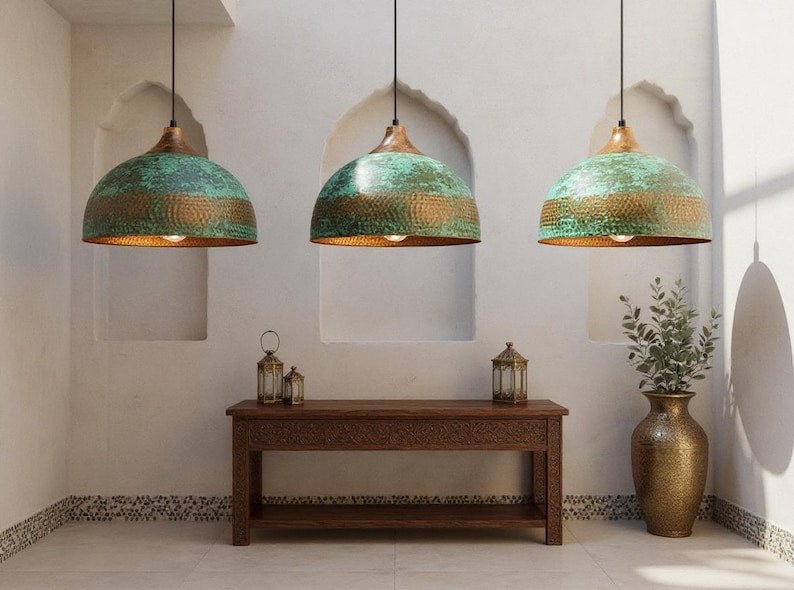 Handmade Hammered Copper Dome Pendant Light: Rustic Green Patina