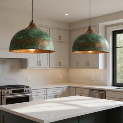 Handmade Hammered Copper Dome Pendant Light: Rustic Green Patina