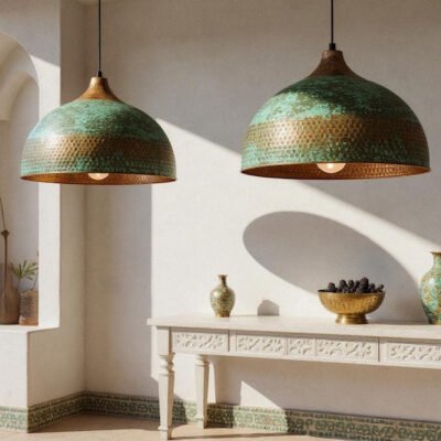 Handmade Hammered Copper Dome Pendant Light: Rustic Green Patina