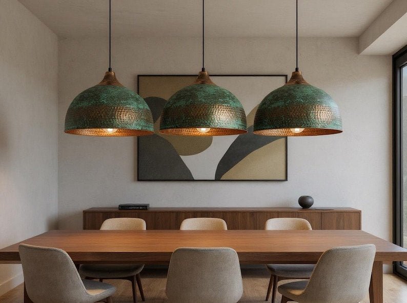 Handmade Hammered Copper Dome Pendant Light: Rustic Green Patina