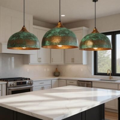 Handmade Hammered Copper Dome Pendant Light: Rustic Green Patina