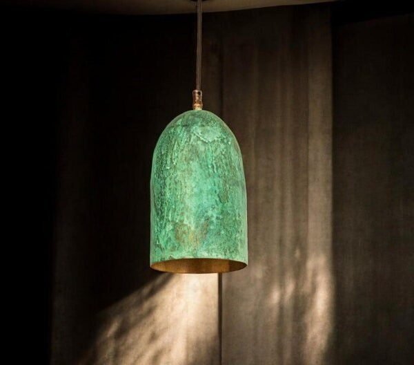products-RusticGreenPatinaFarmhouseLighting3 Green Patina Copper Bell Pendant Light Handmade Oxidized Farmhouse Lamp