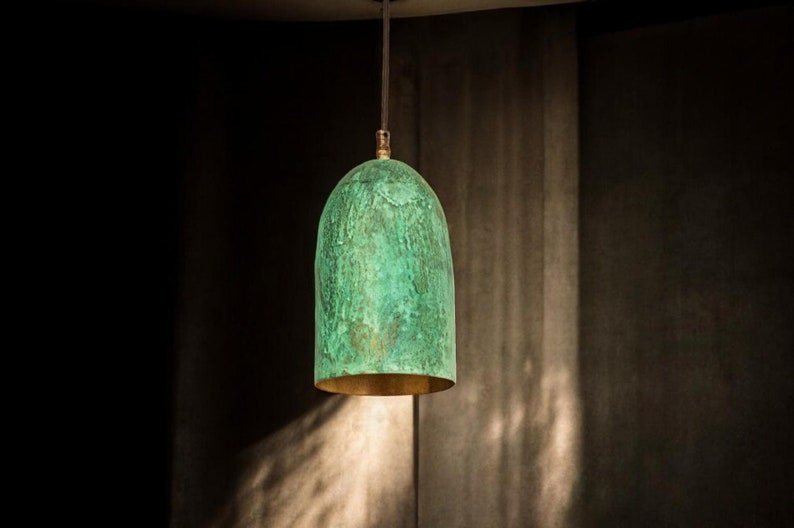 Green Patina Copper Bell Pendant Light Handmade Oxidized Farmhouse Lamp