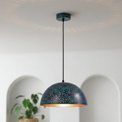Handmade Blue Patina Copper Dome Pendant Light - Rustic Kitchen Island Lighting