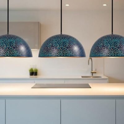 Handmade Blue Patina Copper Dome Pendant Light - Rustic Kitchen Island Lighting