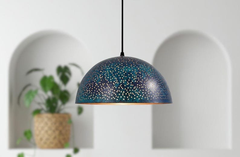 Handmade Blue Patina Copper Dome Pendant Light - Rustic Kitchen Island Lighting