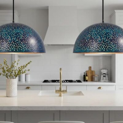 Handmade Blue Patina Copper Dome Pendant Light - Rustic Kitchen Island Lighting