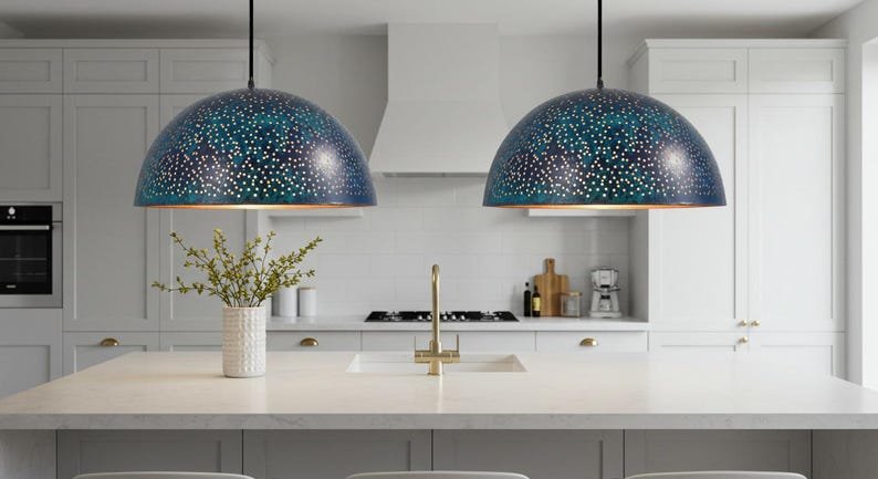 Handmade Blue Patina Copper Dome Pendant Light - Rustic Kitchen Island Lighting