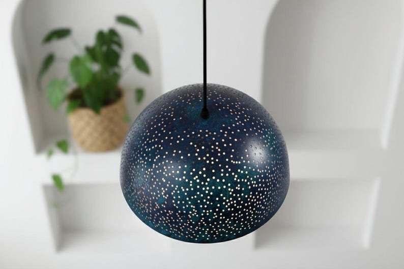 Handmade Blue Patina Copper Dome Pendant Light - Rustic Kitchen Island Lighting