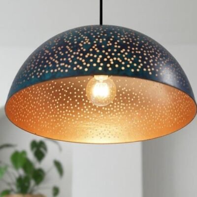 Handmade Blue Patina Copper Dome Pendant Starry Perforated Ceiling Light