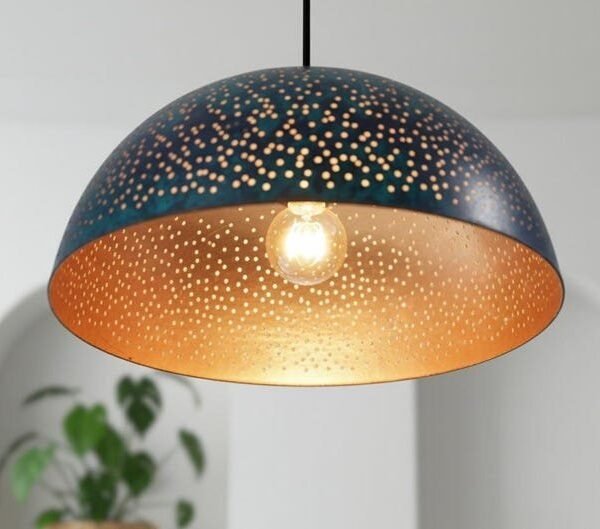 Handmade Blue Patina Copper Dome Pendant Starry Perforated Ceiling Light