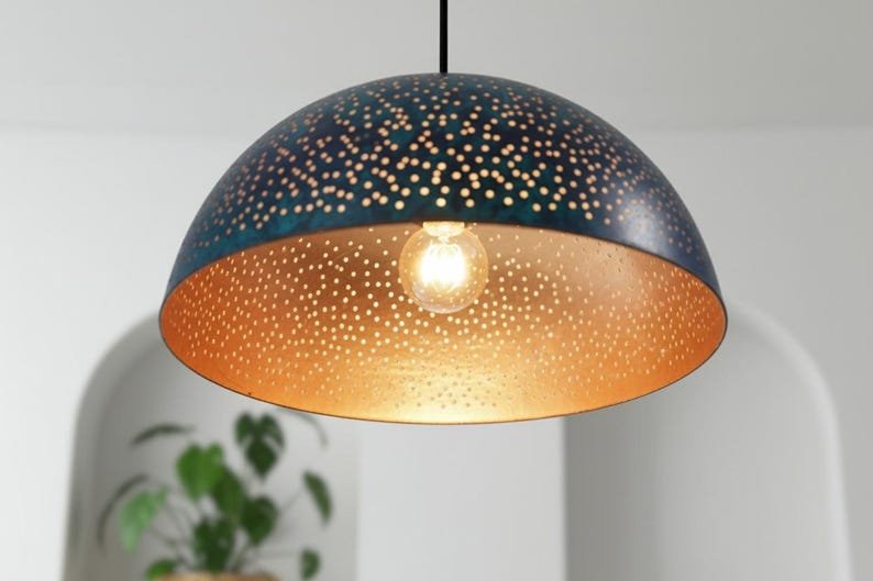 Handmade Blue Patina Copper Dome Pendant Light - Rustic Kitchen Island Lighting