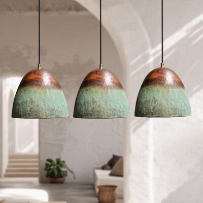 Set Of 3 Oxidized Copper Pendant Lights, Green Patina Farmhouse Light Fixture, Handmade Copper Ceiling Light