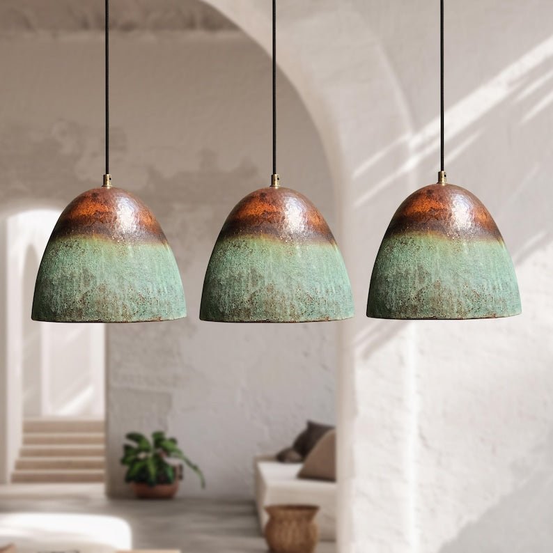Set Of 3 Oxidized Copper Pendant Lights, Green Patina Farmhouse Light Fixture, Handmade Copper Ceiling Light