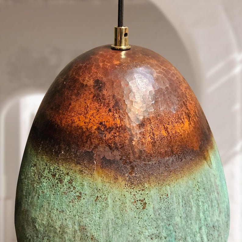 Set Of 3 Oxidized Copper Pendant Lights, Green Patina Farmhouse Light Fixture, Handmade Copper Ceiling Light