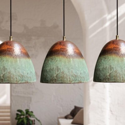 Set Of 3 Oxidized Copper Pendant Lights, Green Patina Farmhouse Light Fixture, Handmade Copper Ceiling Light
