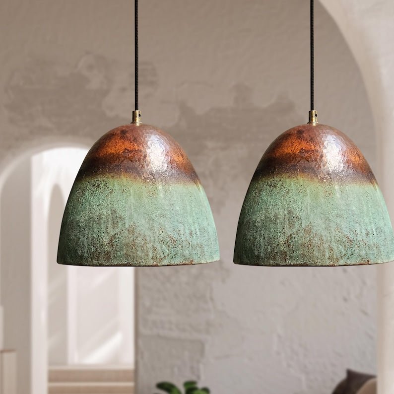 Set Of 3 Oxidized Copper Pendant Lights, Green Patina Farmhouse Light Fixture, Handmade Copper Ceiling Light