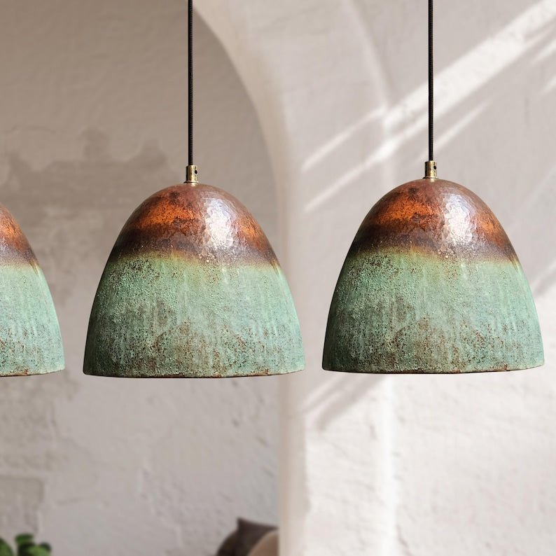 Set Of 3 Oxidized Copper Pendant Lights, Green Patina Farmhouse Light Fixture, Handmade Copper Ceiling Light