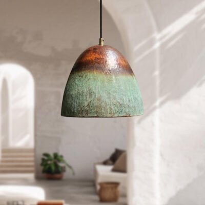 Set Of 3 Oxidized Copper Pendant Lights, Green Patina Farmhouse Light Fixture, Handmade Copper Ceiling Light