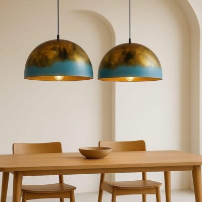 Set of 2 Green Patina Copper Dome Pendant Light: Moroccan Kitchen Island Lamp
