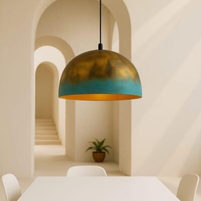Set of 2 Green Patina Copper Dome Pendant Light: Moroccan Kitchen Island Lamp
