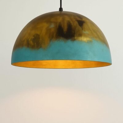 Two-Tone Green Patina Copper Bell Pendant Light Handmade Rustic Ceiling Lamp