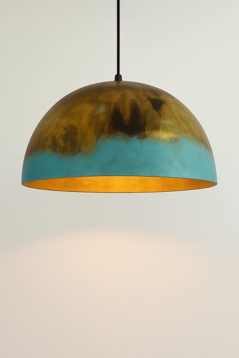 Two-Tone Green Patina Copper Bell Pendant Light Handmade Rustic Ceiling Lamp