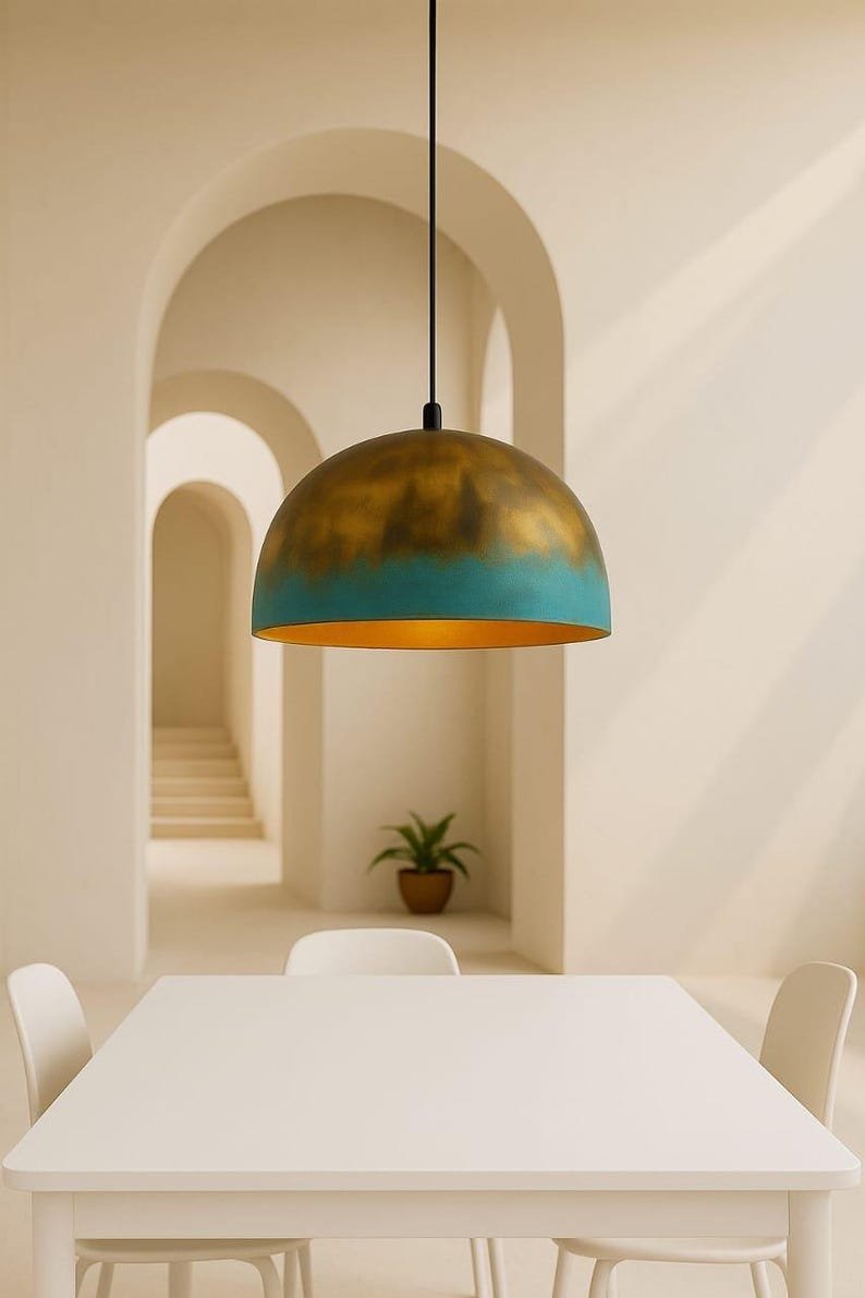 Set of 2 Green Patina Copper Dome Pendant Light: Moroccan Kitchen Island Lamp