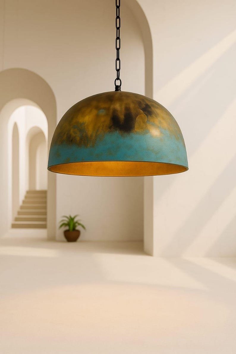 Set of 2 Green Patina Copper Dome Pendant Light: Moroccan Kitchen Island Lamp