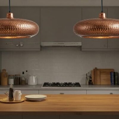 Copper Pendant Light: Perforated Shade, Modern Kitchen Island Lighting