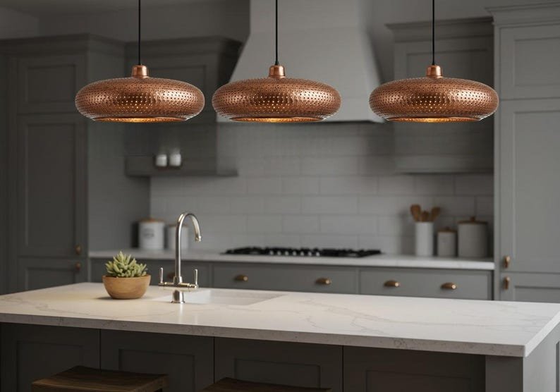 Copper Pendant Light: Perforated Shade, Modern Kitchen Island Lighting