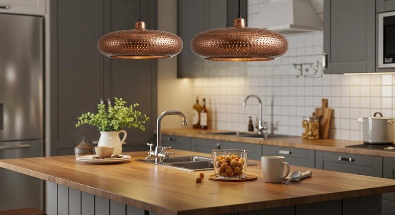 Copper Pendant Light: Perforated Shade, Modern Kitchen Island Lighting