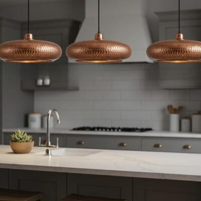 Copper Pendant Light: Perforated Shade, Modern Kitchen Island Lighting