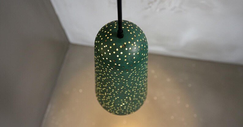 Handmade Green Patina Copper Pendant Light - Moroccan Star Design