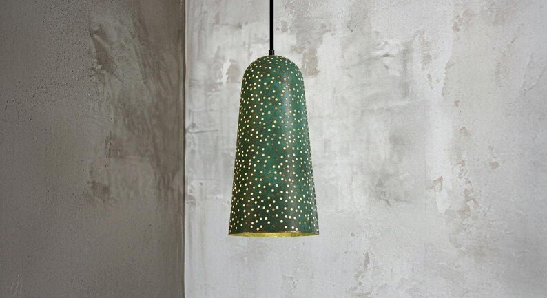 Handmade Green Patina Copper Pendant Light - Moroccan Star Design