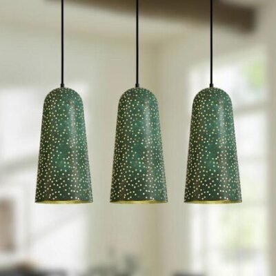 Green Patina Perforated Cone Pendant Light Starry Moroccan Ceiling Lamp