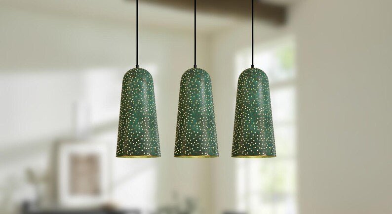 Green Patina Perforated Cone Pendant Light Starry Moroccan Ceiling Lamp