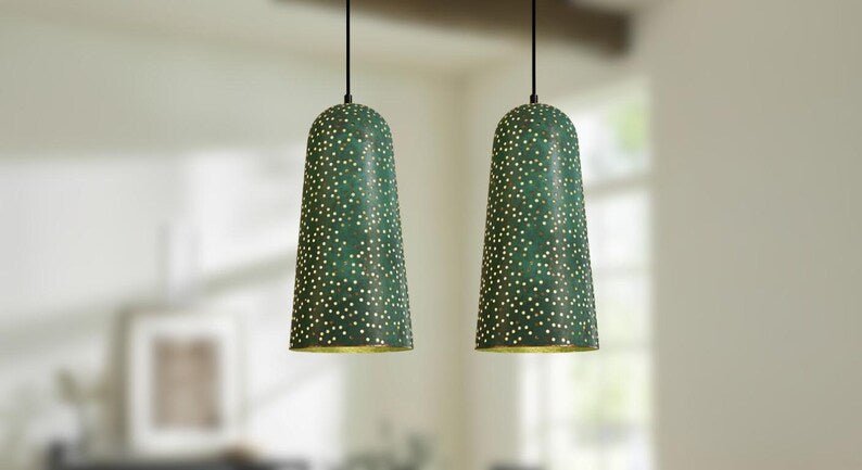 Handmade Green Patina Copper Pendant Light - Moroccan Star Design