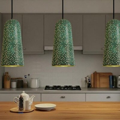 Handmade Green Patina Copper Pendant Light - Moroccan Star Design