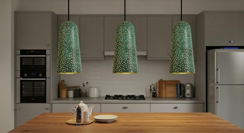 Handmade Green Patina Copper Pendant Light - Moroccan Star Design