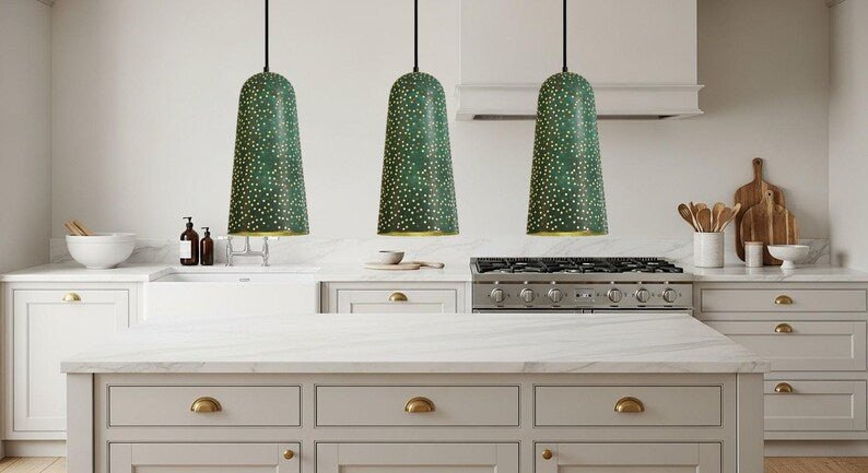 Handmade Green Patina Copper Pendant Light - Moroccan Star Design