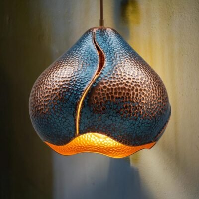 Hand Hammered Copper Pendant Light: Sculptural Teardrop Ceiling Lamp Hand Hammered Copper Pendant Light: Sculptural Teardrop Ceiling Lamp