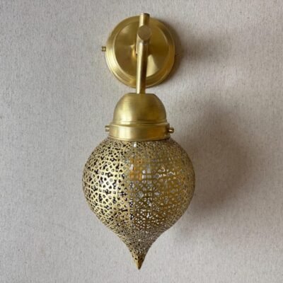 Handmade Moroccan Brass Wall Sconce: Perforated Teardrop Boho Light Handmade Moroccan Brass Wall Sconce: Perforated Teardrop Boho Light