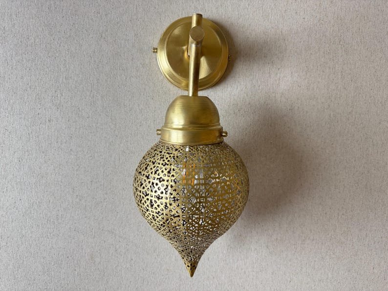 Handmade Moroccan Brass Wall Sconce: Perforated Teardrop Boho Light Handmade Moroccan Brass Wall Sconce: Perforated Teardrop Boho Light