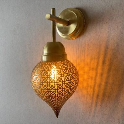 Handmade Moroccan Brass Wall Sconce: Perforated Teardrop Boho Light Handmade Moroccan Brass Wall Sconce: Perforated Teardrop Boho Light